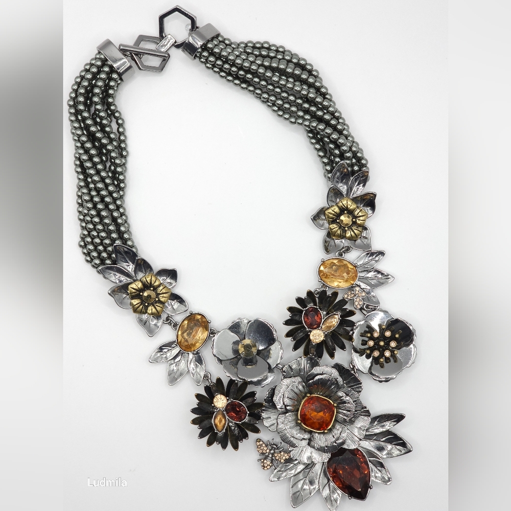 Signed Large Floral Multi-Stranded Statement Neck… - image 4